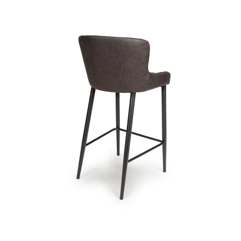 Angled back view of Earth Grey Vintage Leather-Look Bar Stools with Black Legs