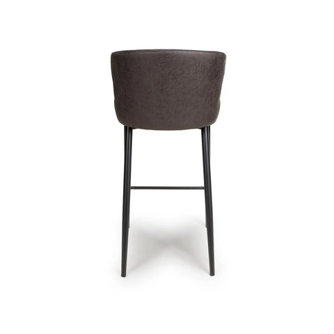 Back View of Earth Grey Vintage Leather-Look Bar Stools with Black Legs