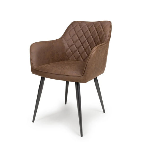 Earth Tan Vintage Leather-Look Carver Dining Chair with black legs