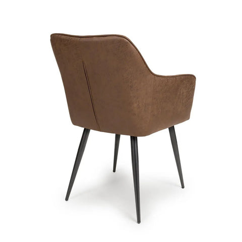 Angled Back View of Earth Tan Vintage Leather-Look Carver Dining Chair with black legs