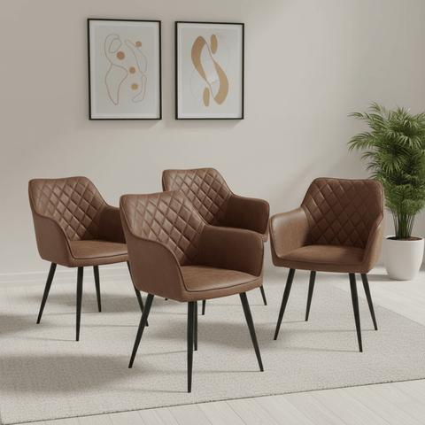 Earth Tan Vintage Leather-Look Carver Dining Chairs – Set of 4