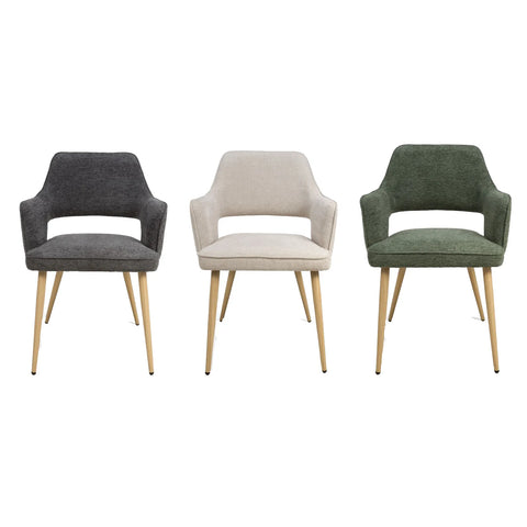 Set of 4 Eaton modern dining armchairs in green, grey or natural fabric. Soft padded seat, light wood legs & ergonomic shape for comfort & style.
