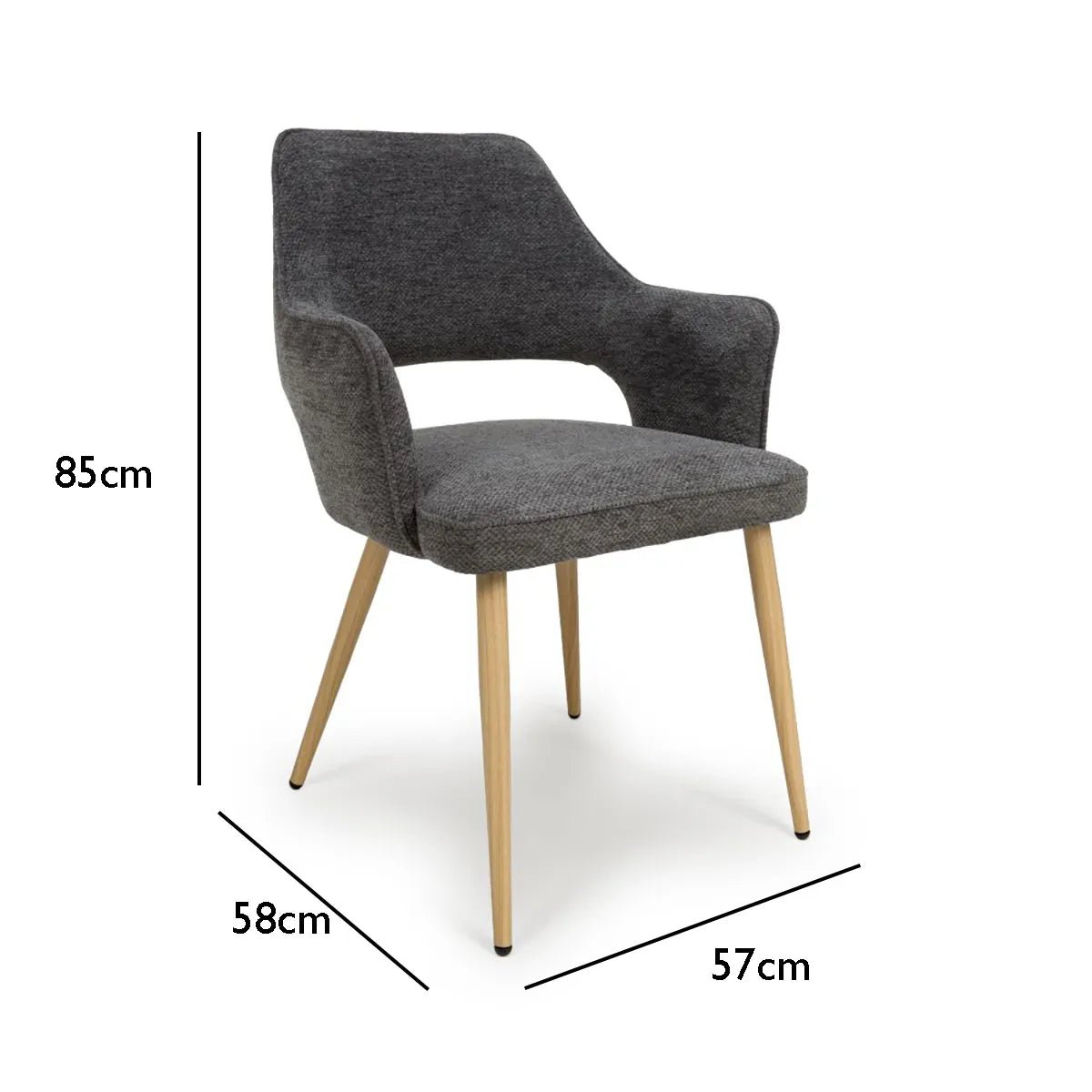 Dimensions of Eaton modern dining armchairs in Natural fabric. Soft padded seat, light wood legs & ergonomic shape for comfort & style.