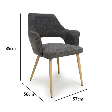 Dimensions of Eaton modern dining armchairs in Natural fabric. Soft padded seat, light wood legs & ergonomic shape for comfort & style.