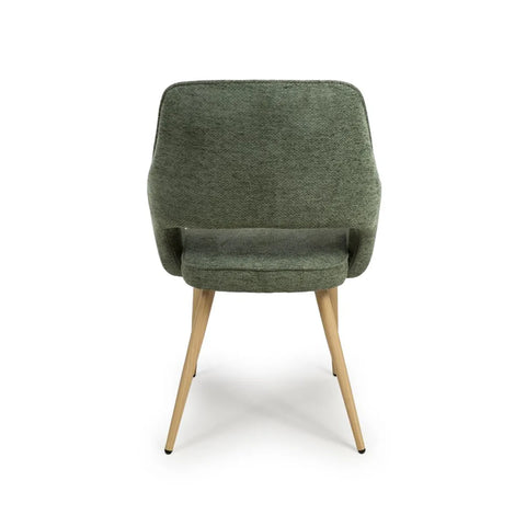 Set of 4 Eaton modern dining armchairs in green fabric. Soft padded seat, light wood legs & ergonomic shape for comfort & style.