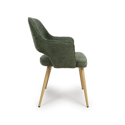 Set of 4 Eaton modern dining armchairs in green fabric. Soft padded seat, light wood legs & ergonomic shape for comfort & style. - Side View