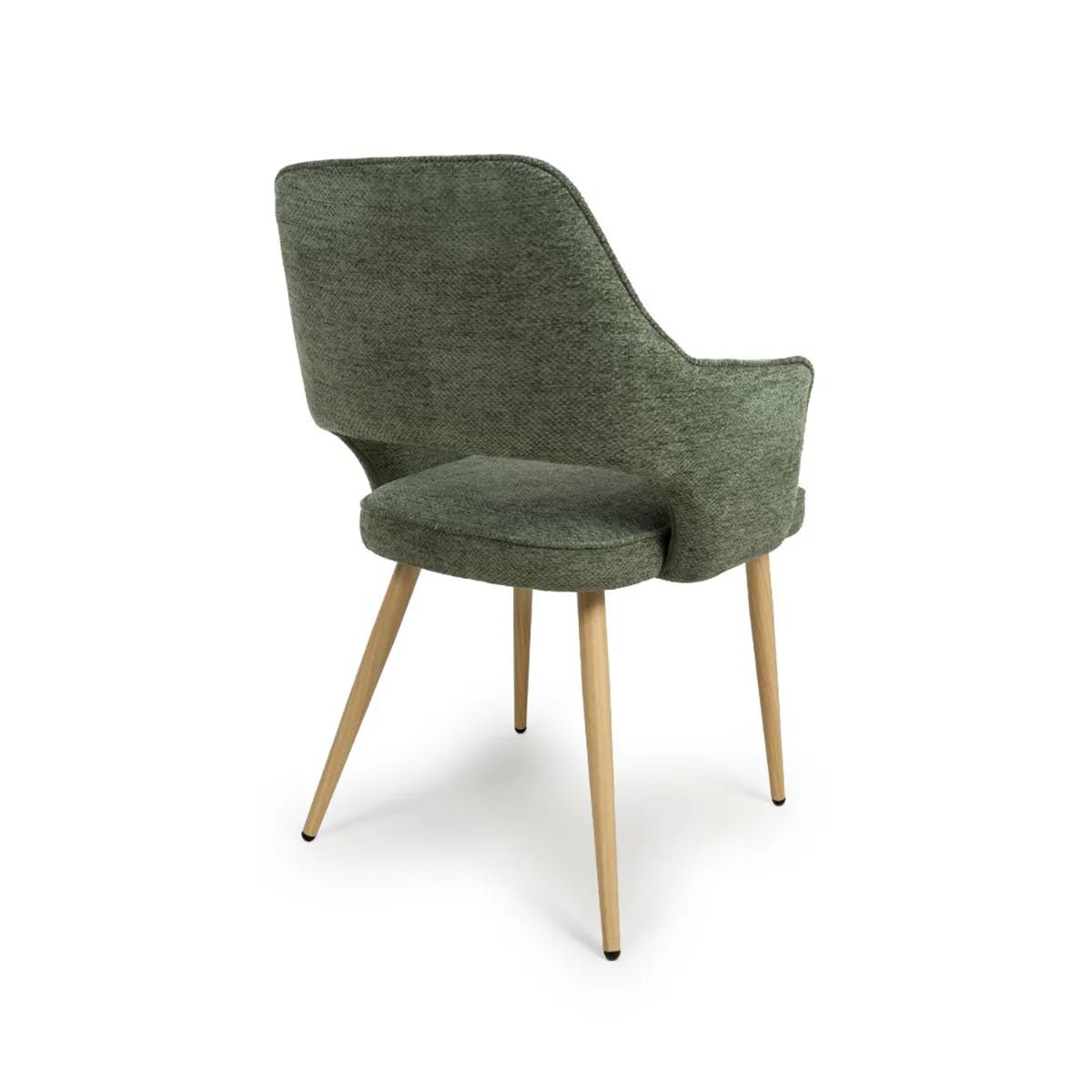 Set of 4 Eaton modern dining armchairs in green fabric. Soft padded seat, light wood legs & ergonomic shape for comfort & style. - Angled Back View