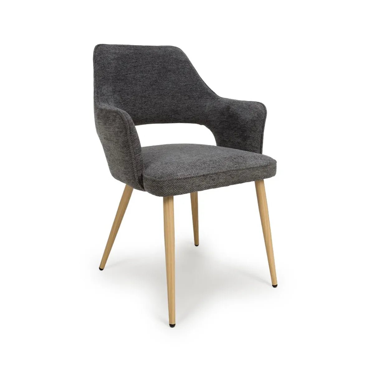 Set of 4 Eaton modern dining armchairs in grey fabric. Soft padded seat, light wood legs & ergonomic shape for comfort & style.
