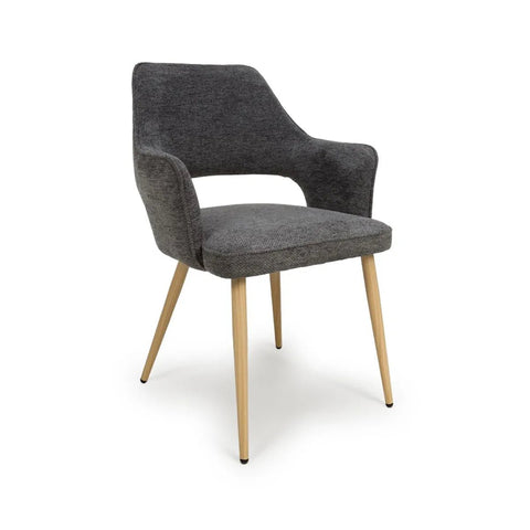Set of 4 Eaton modern dining armchairs in grey fabric. Soft padded seat, light wood legs & ergonomic shape for comfort & style.

