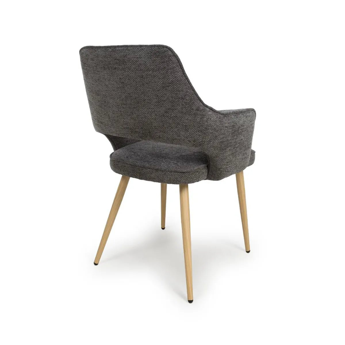 Set of 4 Eaton modern dining armchairs in grey fabric. Soft padded seat, light wood legs & ergonomic shape for comfort & style. - Back View
