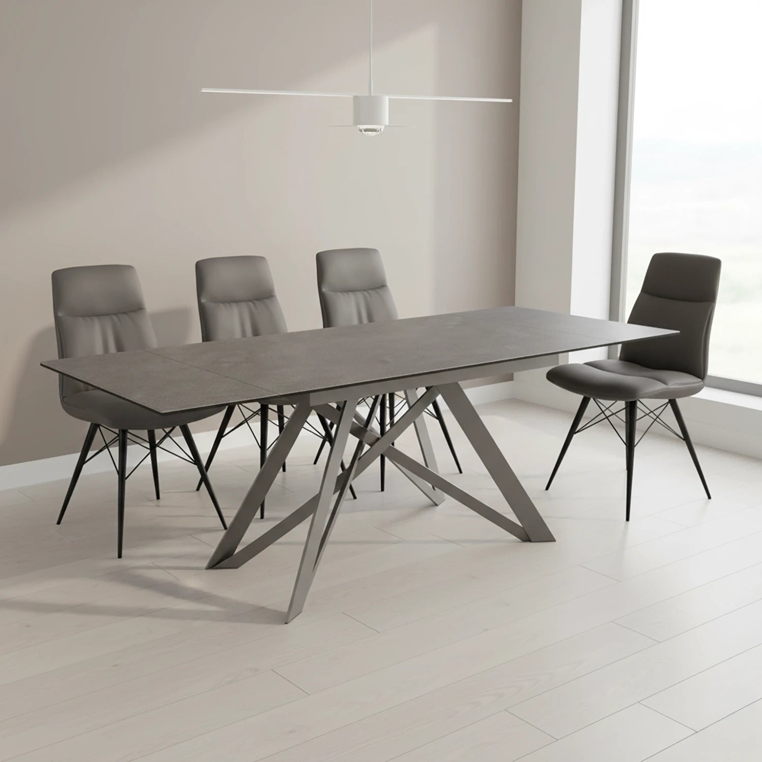 Eclipse Grey Ceramic Extending Dining Table with Alexa Grey Leather Dining Chairs - Pendle Village Furniture