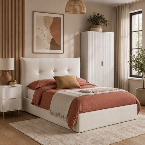 Upholstered ottoman bed with button tufted headboard and lift up storage.