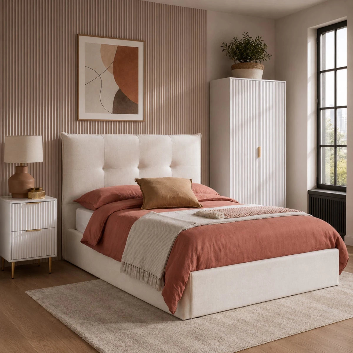 Premium fabric upholstered ottoman bed with smooth and durable texture.