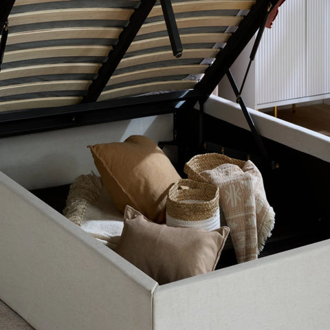 Lift up storage bed with easy access under bed storage space.