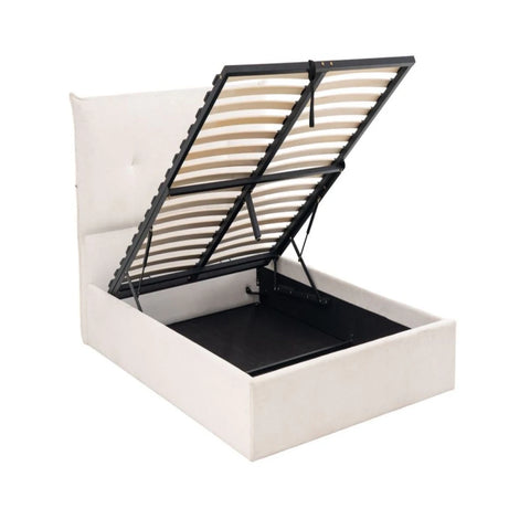 Upholstered ottoman bed with large hidden storage for bedding and essentials.