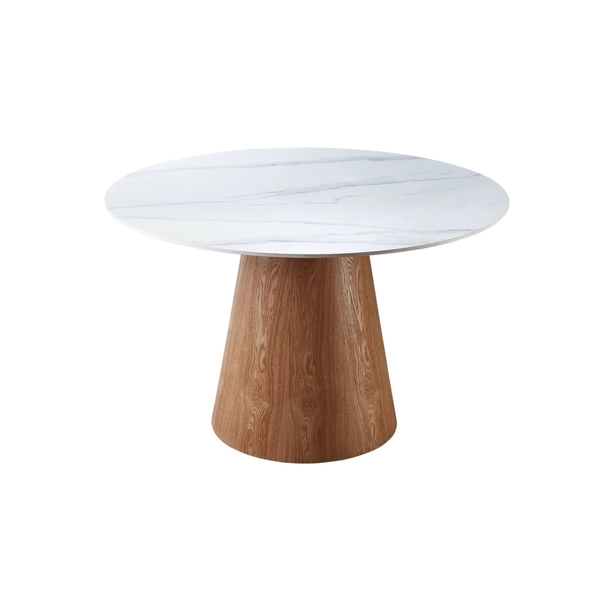 Round table with marble top and wooden base on a white background
