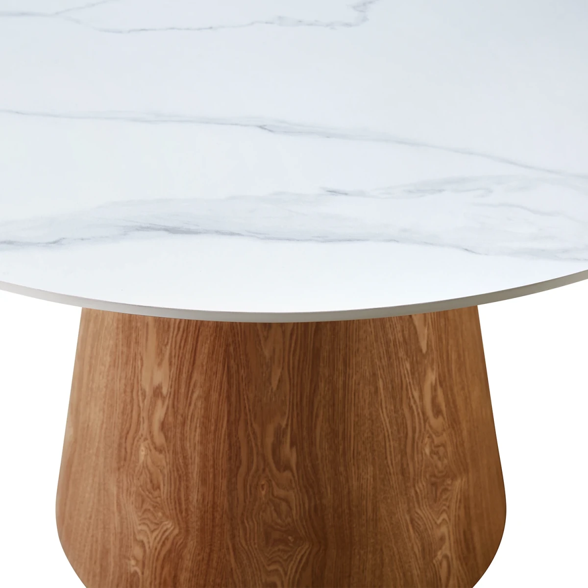 Round table with white marble sintered stone top and wooden base on a white background