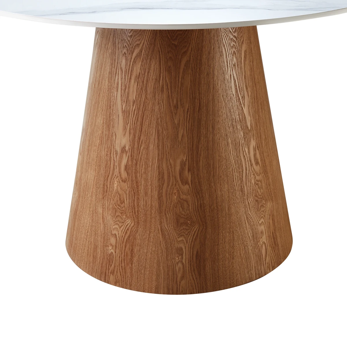 Wooden table base with a white top on a white background