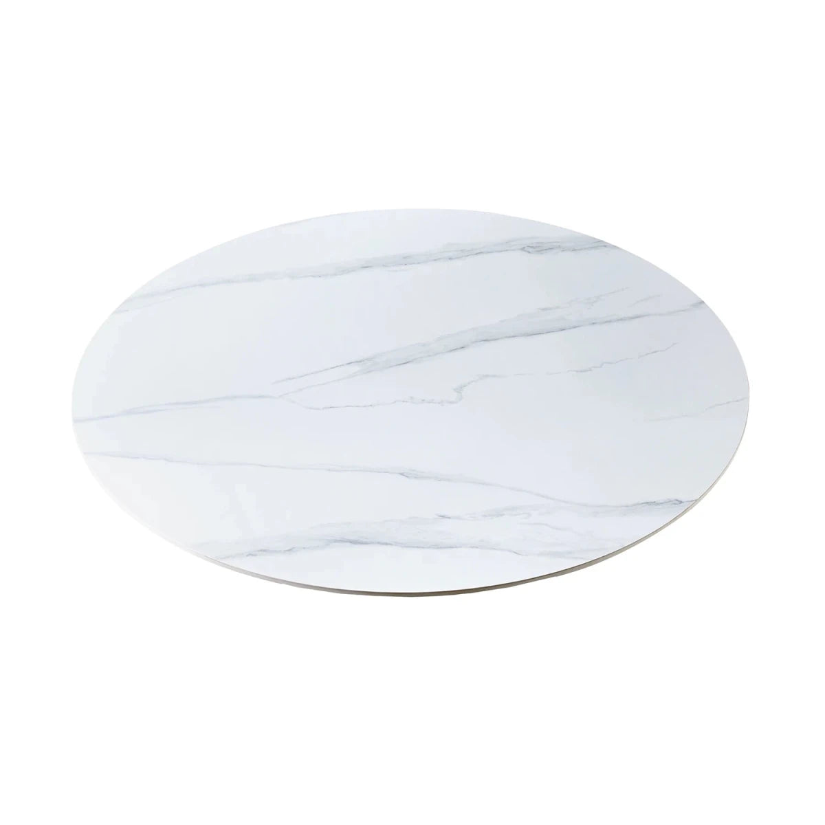 Elise round dining table with white sintered stone top and walnut base.- Table Top