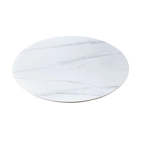 Elise round dining table with white sintered stone top and walnut base.- Table Top