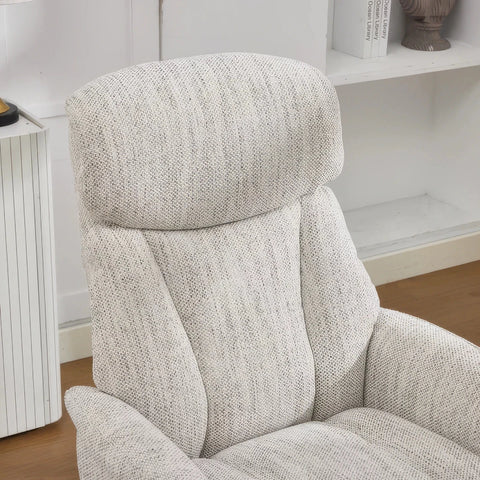 A close-up of a modern Elma fabric swivel recliner chair with footstool  High-back comfort, manual recline and 360° swivel action.