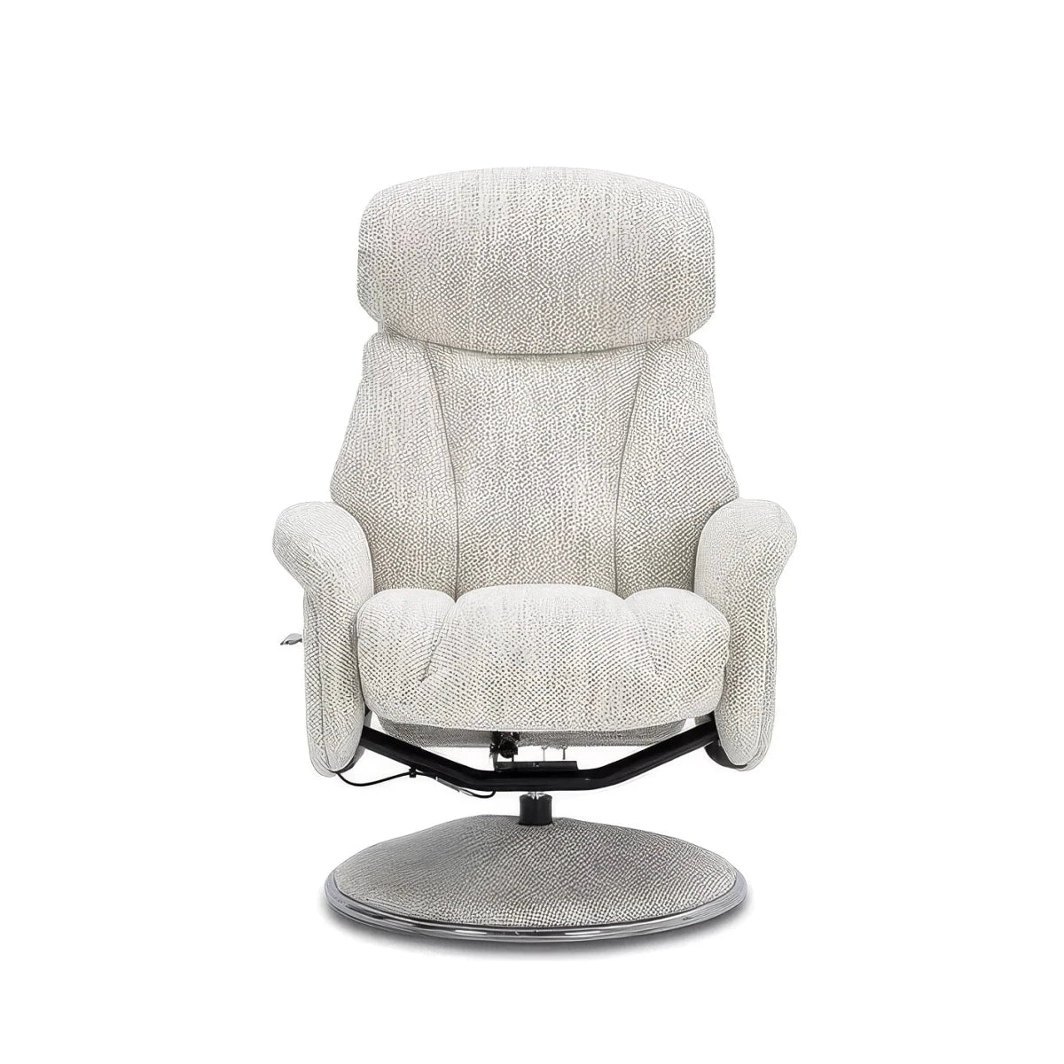 Front view  of a modern Elma fabric swivel recliner chair with footstool  High-back comfort, manual recline and 360° swivel action.