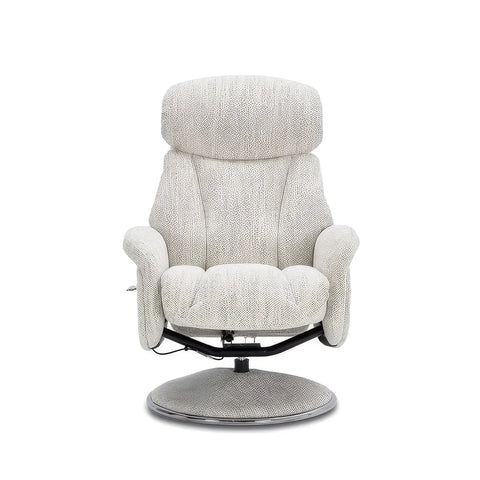 Front view  of a modern Elma fabric swivel recliner chair with footstool  High-back comfort, manual recline and 360° swivel action.