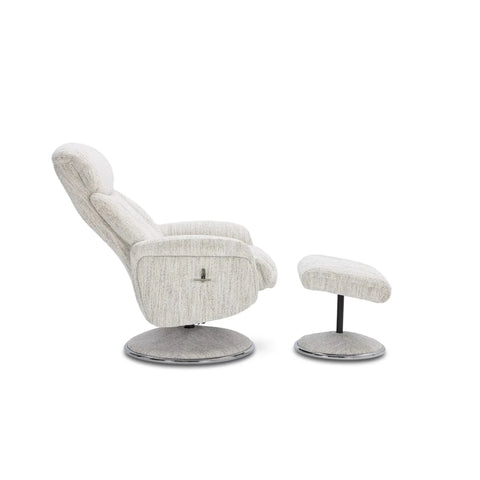 Image of Elma fabric swivel recliner chair with footstool  High-back comfort, manual recline and 360° swivel action, showing reclined view