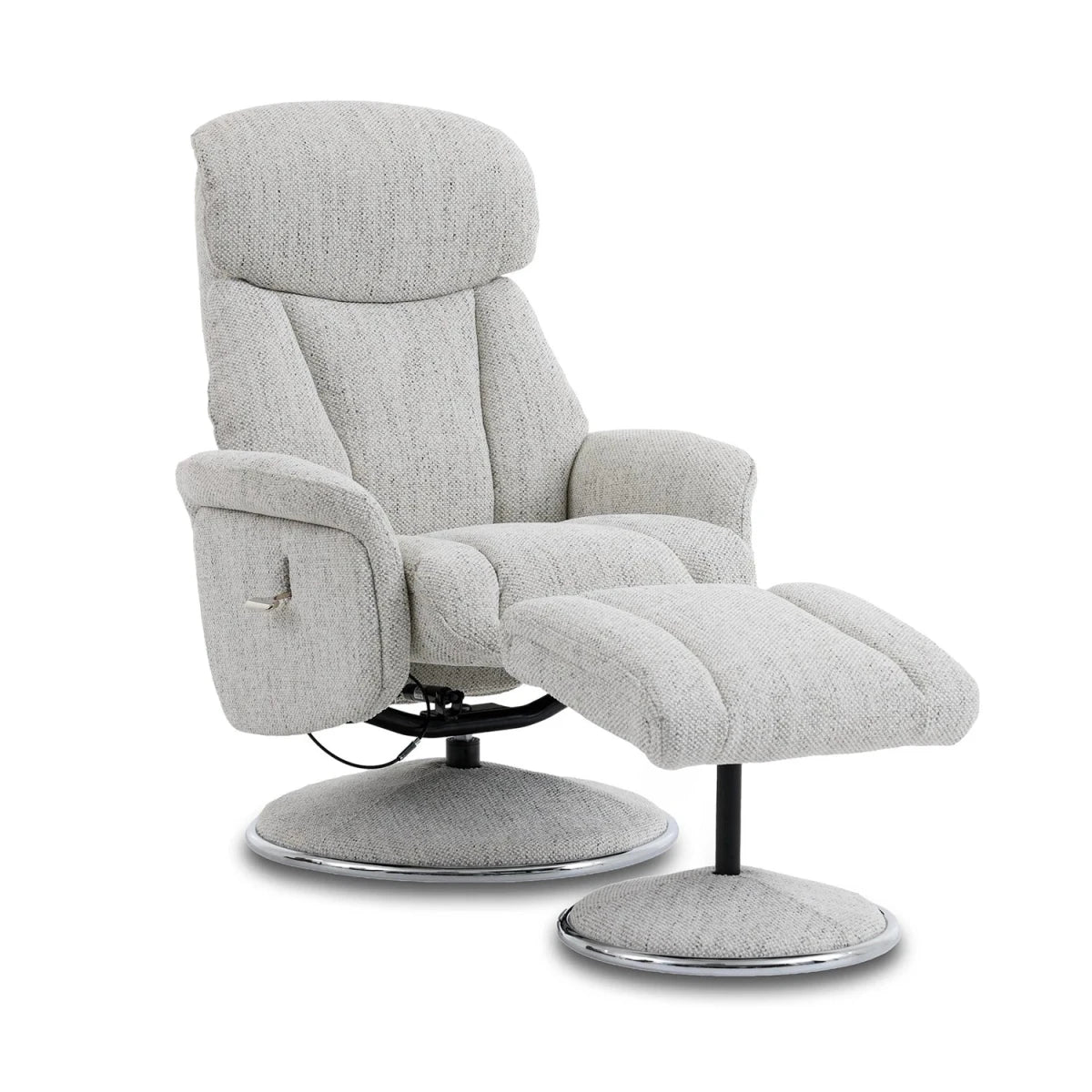 A light gray textured fabric recliner chair with an adjustable footrest, both mounted on a chrome swivel base, shown against a plain white background.