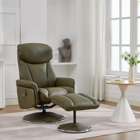 An olive green leather recliner chair with a matching ottoman in a bright, modern living room setting.