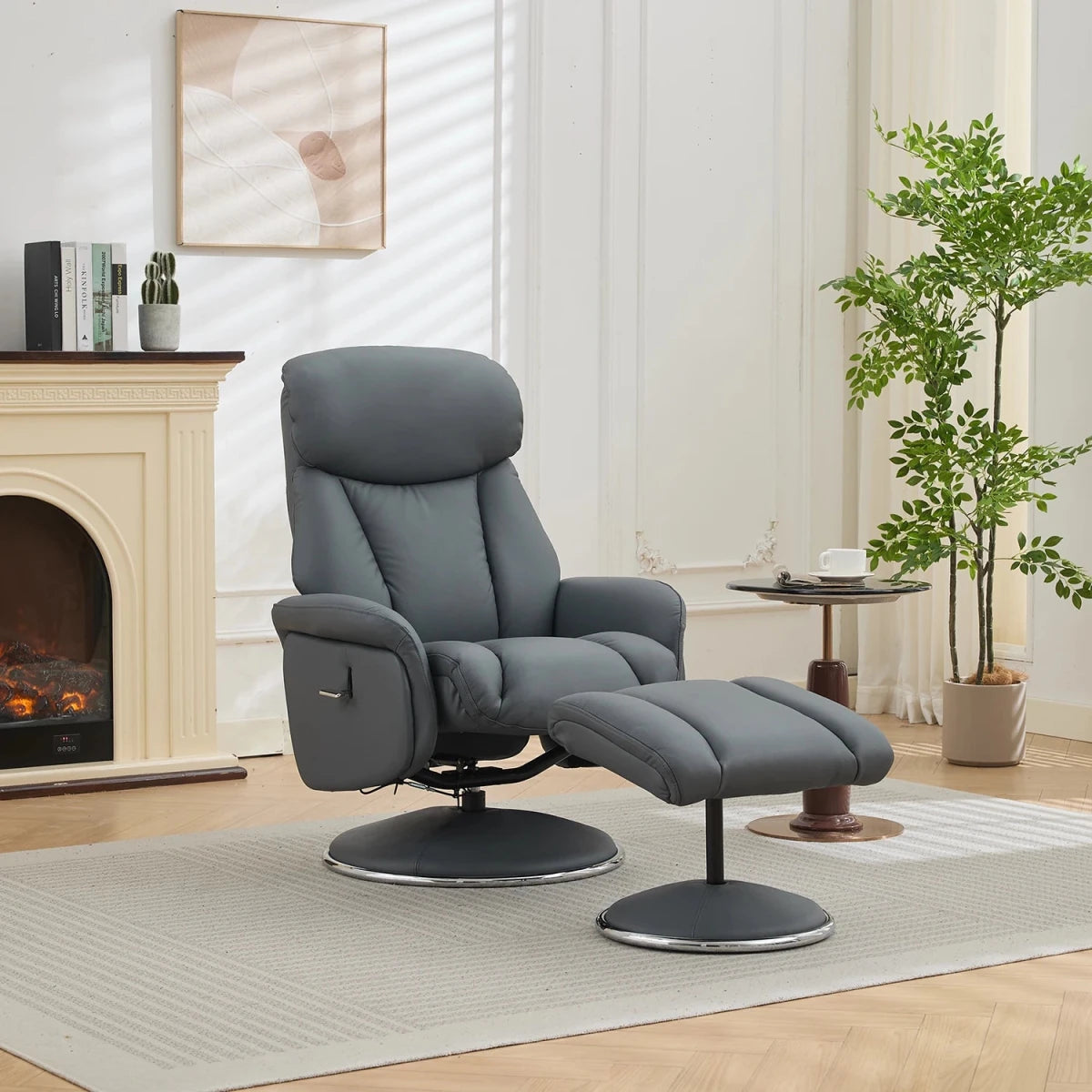 A modern Petrol Blue Elm recliner chair with a matching ottoman in a bright living room setting. The chair features a high back, padded armrests, and a swivel base, while the ottoman sits in front.