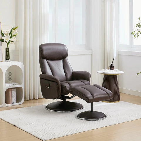 A dark brown Elma Full Leather Swivel Recliner Chair & Footstool
