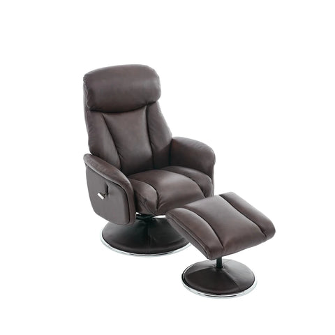 Shop the Elma 100% leather swivel recliner chair with footstool. Manual recline, 360° swivel and premium comfort in a choice of 5 leather colours.