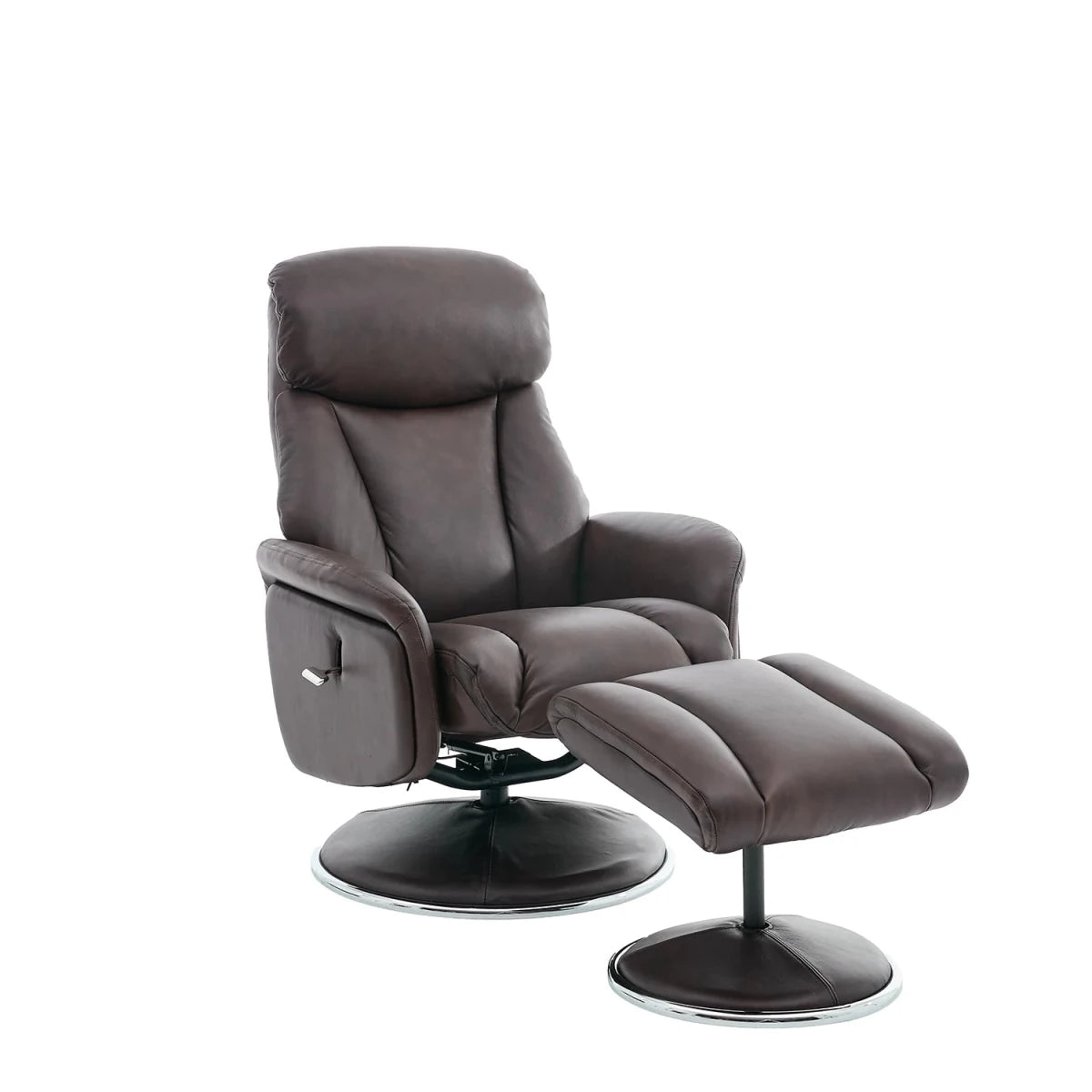 A dark brown leather recliner chair with an adjustable headrest and matching footrest, both mounted on circular swivel bases with chrome accents, shown on a plain white background.