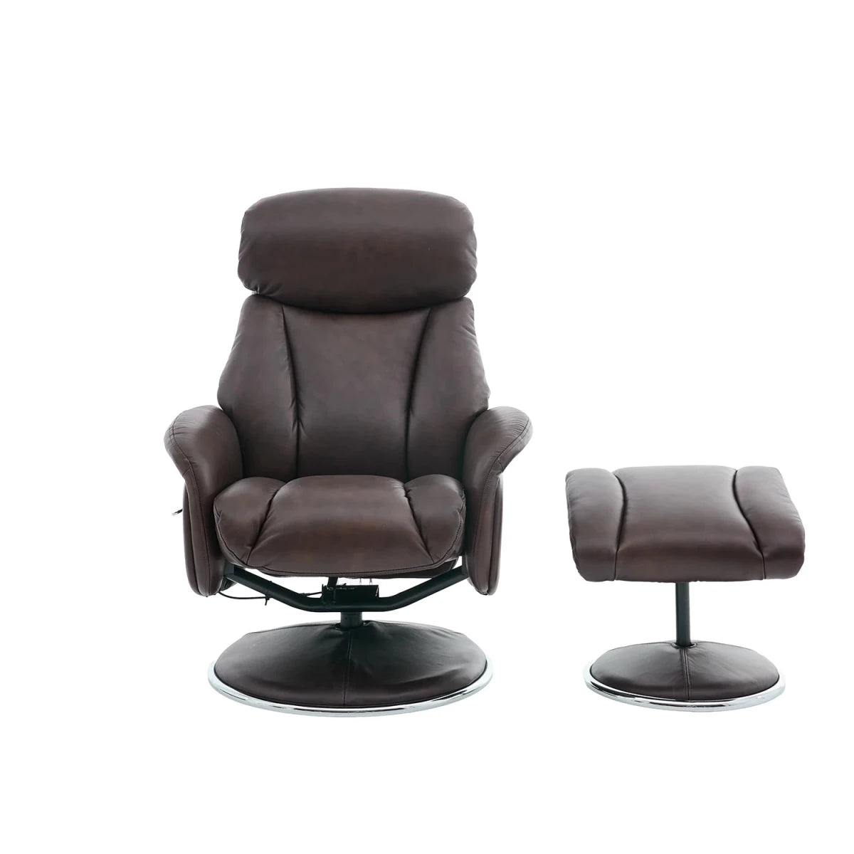 A dark brown leather Elma Full Leather Swivel Recliner Chair with a matching footrest ottoman, both on circular swivel bases, shown against a plain white background.