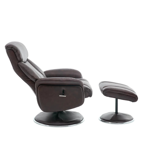 A dark brown leather recliner chair with a matching footrest on a white background.