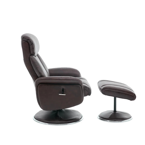 Side view of A dark brown leather Elma Full Leather Swivel Recliner Chair with a matching footrest ottoman, both on circular swivel bases