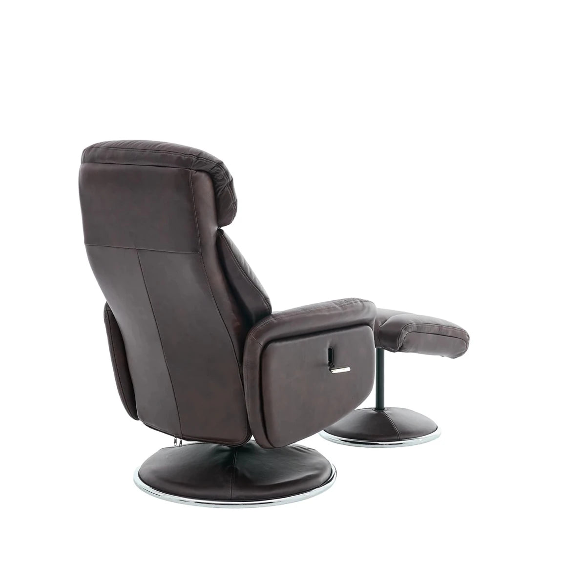 Back View of A dark brown leather Elma Full Leather Swivel Recliner Chair with a matching footrest ottoman, both on circular swivel bases
