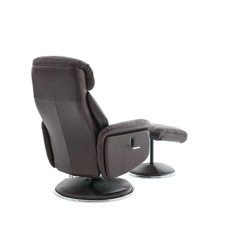 Back View of A dark brown leather Elma Full Leather Swivel Recliner Chair with a matching footrest ottoman, both on circular swivel bases