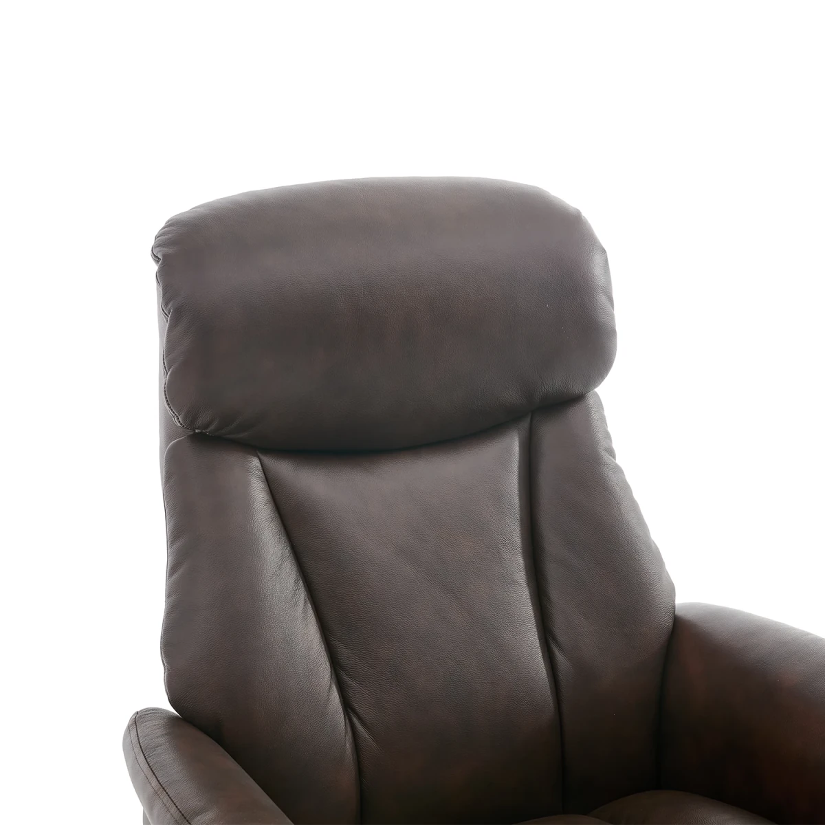 A close-up of a A dark brown leather Elma Full Leather Swivel Recliner Chair with a matching footrest ottoman, both on circular swivel bases