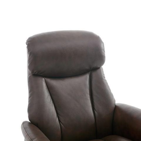 A close-up of a A dark brown leather Elma Full Leather Swivel Recliner Chair with a matching footrest ottoman, both on circular swivel bases