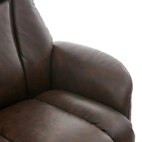 Close up arm of A dark brown leather Elma Full Leather Swivel Recliner Chair with a matching footrest ottoman, both on circular swivel bases