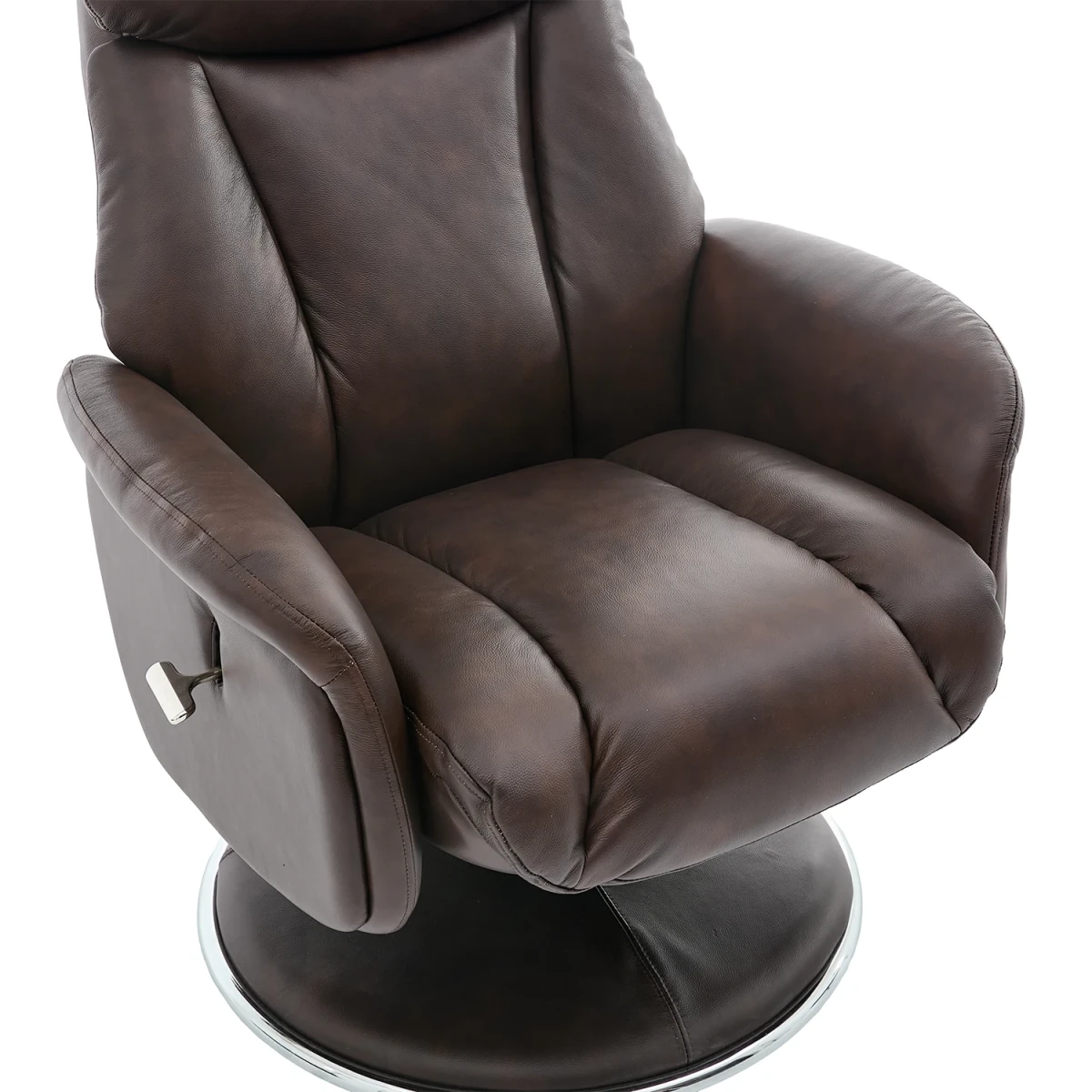 Close up seat of A dark brown leather Elma Full Leather Swivel Recliner Chair with a matching footrest ottoman, both on circular swivel bases