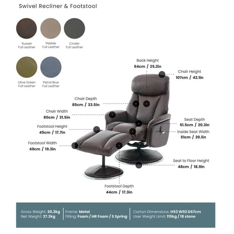 A product measurement infographic for a Elma Full Leather Swivel Recliner Chair & Footstool. The image features a 3D rendering of the dark brown recliner with its footstool extended, annotated with precise dimensions (back height, chair width, seat depth, etc.