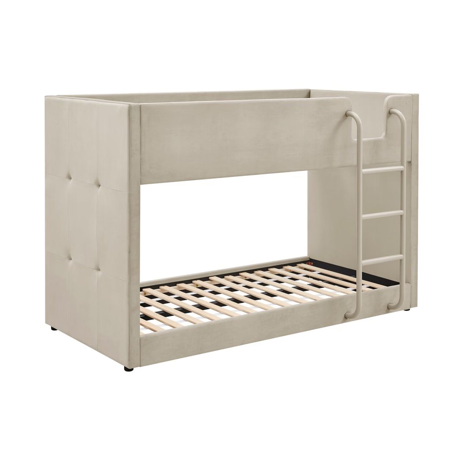 Elodie Elite Bunk Bed with side ladder upholstered in Taupe fabric with button detailing on the end of the bed.