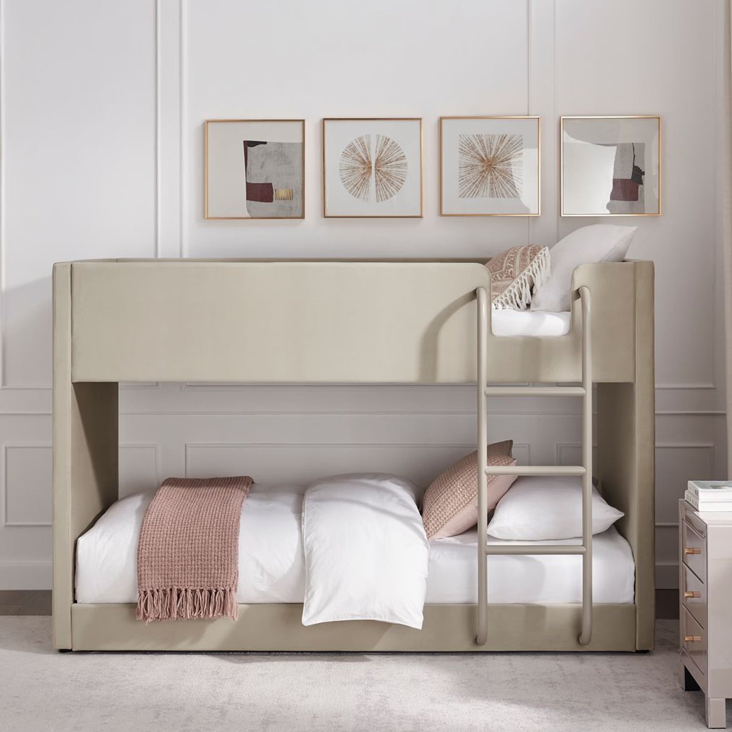 Lifestyle image of Elodie Elite Bunk Bed in taupe also available in grey