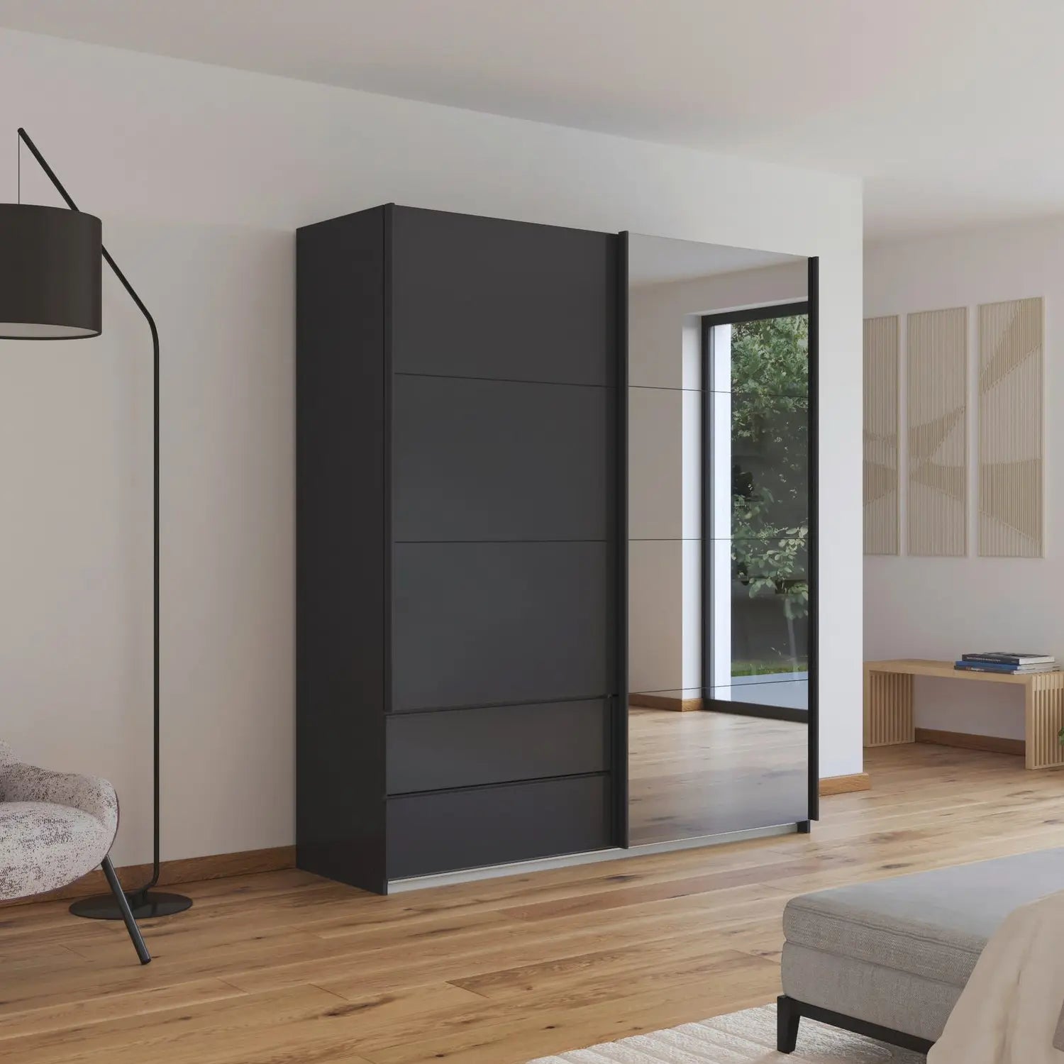 Elon Metallic Grey 181cm Sliding 2 Door Wardrobe with Drawers & Grey Mirror, Width 181cm height 210cm - Lifestyle