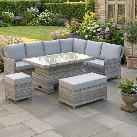 Stylish rattan-style corner patio sofa set for outdoor living.