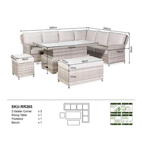 Complete dimension guide for sofa, table, bench, and stools.