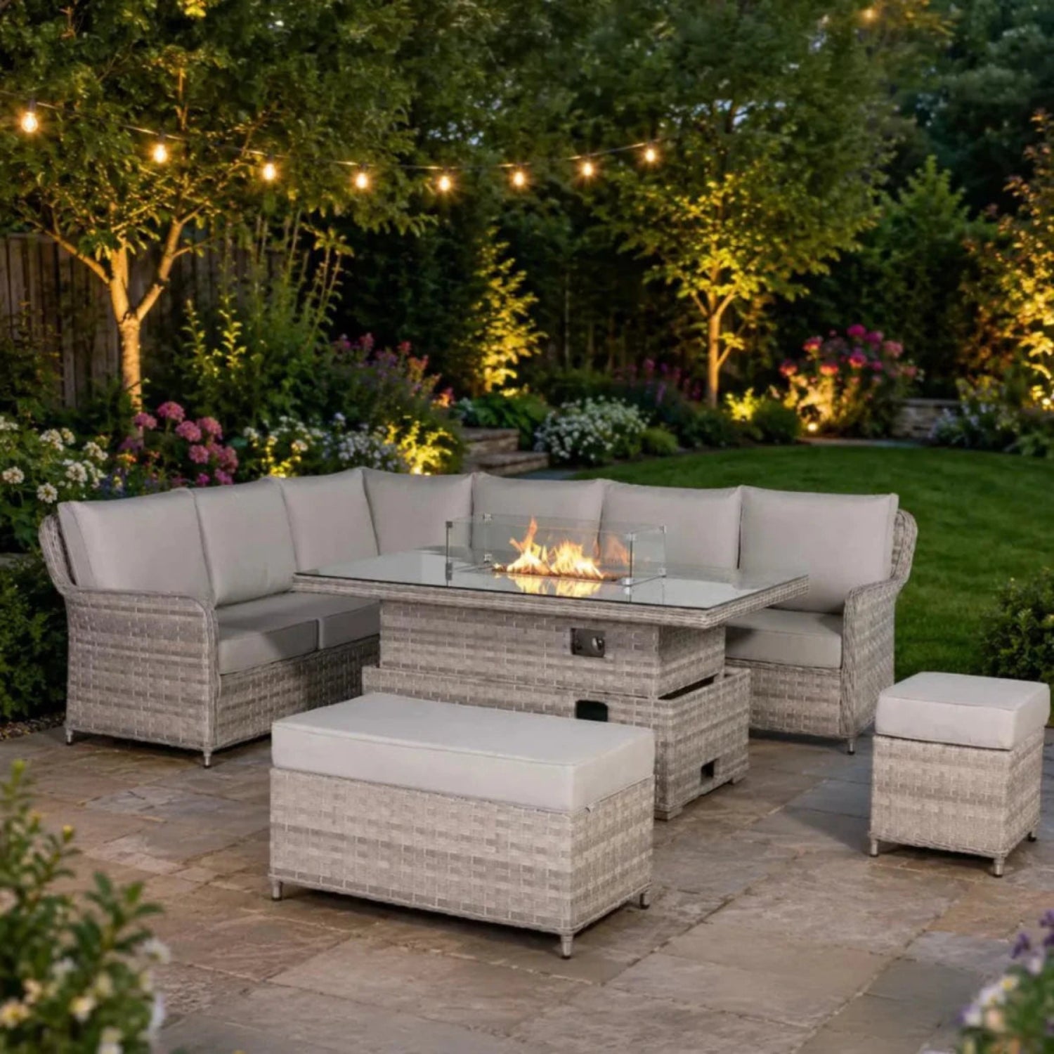 Contemporary left-hand corner seating set with rattan-style finish.